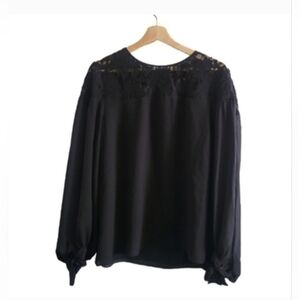 🎈MELANIE LYNE Black Lace Yoke Chiffon Blouse Victorian-inspired Sz US 14
